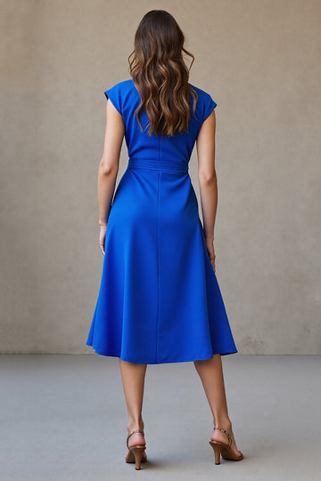 A Line Royal Blue Midi Work Dress with Belt
